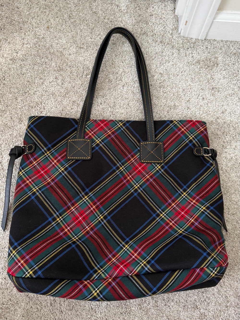 Dooney & Bourke Black Plaid Tote with Red, Green & Blue Accents